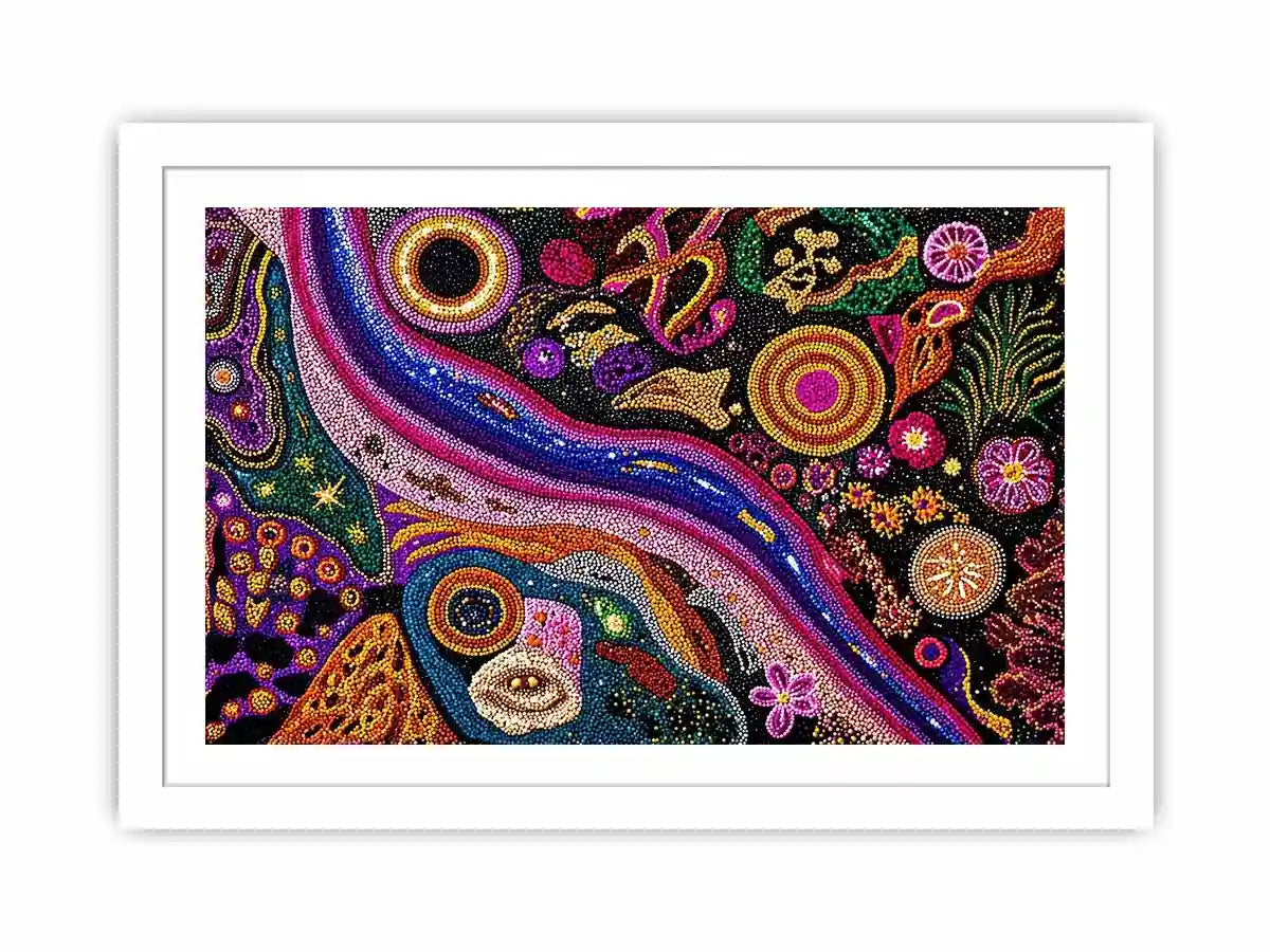colorful abstract dot galaxy painting, vibrant cosmic dot wall art, modern abstract colorful canvas art, galaxy inspired dot artwork