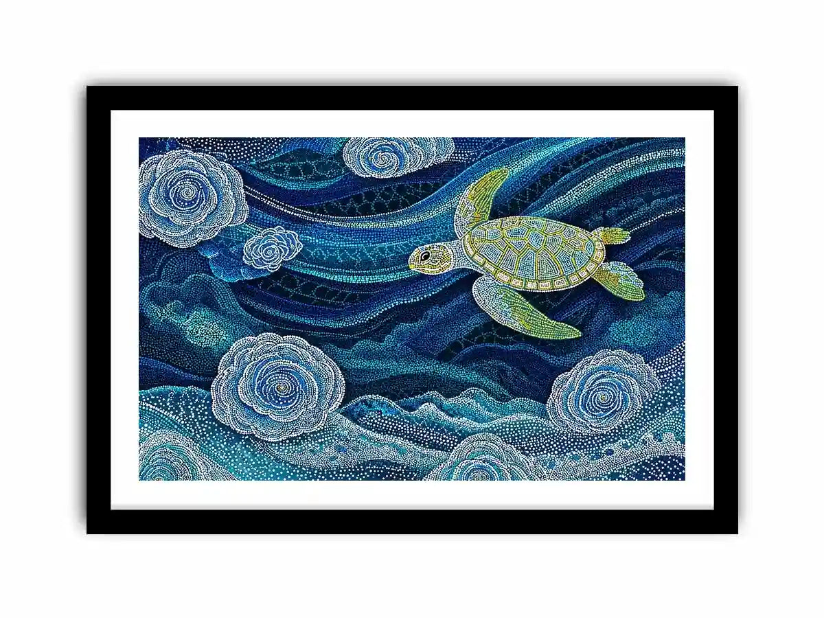 teal ocean turtle wall art, coastal turtle canvas painting, abstract ocean sea life artwork, marine turtle dot painting