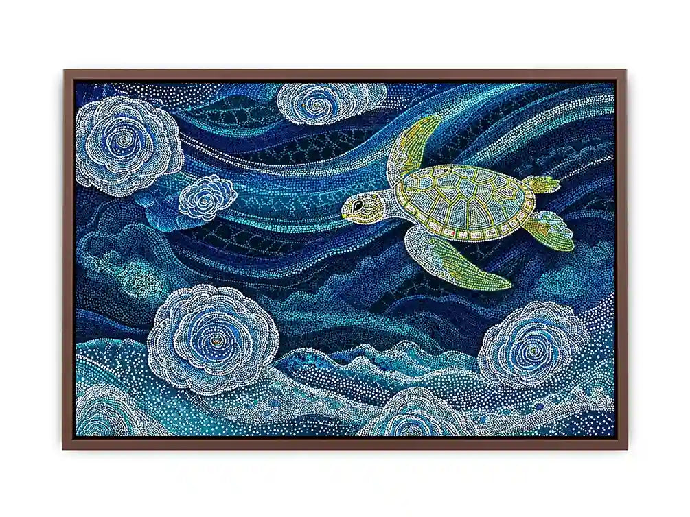 teal ocean turtle Canvas Print, coastal turtle canvas painting, abstract ocean sea life artwork, marine turtle dot painting