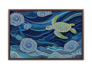 teal ocean turtle Canvas Print, coastal turtle canvas painting, abstract ocean sea life artwork, marine turtle dot painting