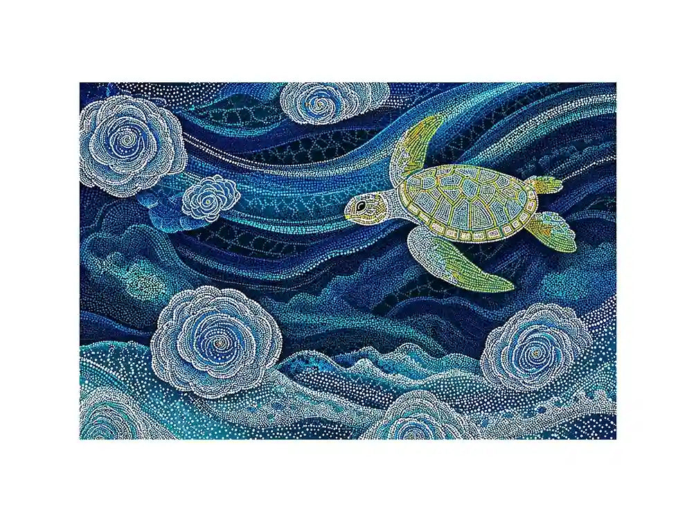 teal ocean turtle Canvas Print, coastal turtle canvas painting, abstract ocean sea life artwork, marine turtle dot painting