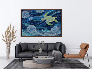 teal ocean turtle Canvas Print, coastal turtle canvas painting, abstract ocean sea life artwork, marine turtle dot painting
