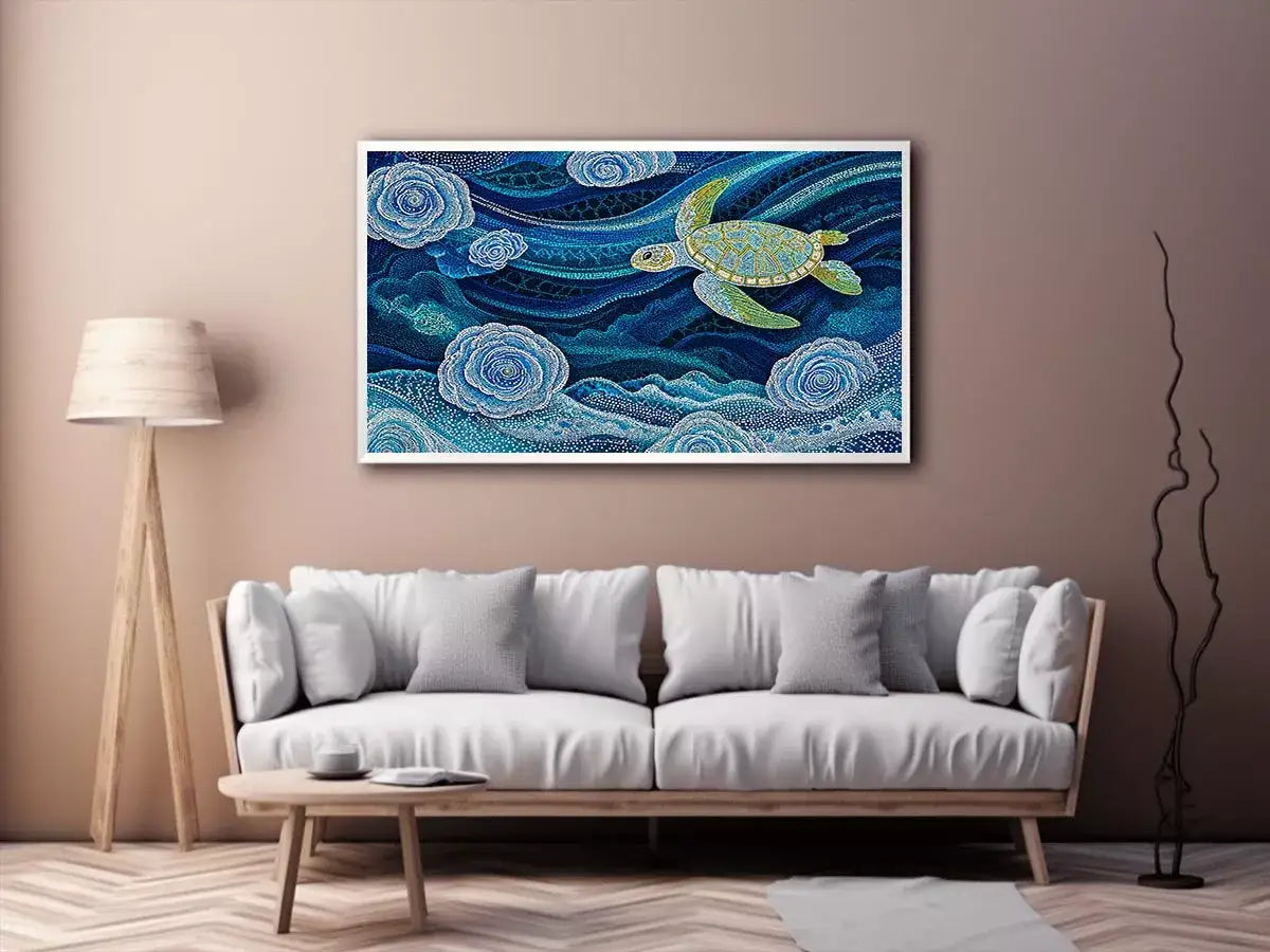 teal ocean turtle Canvas Print, coastal turtle canvas painting, abstract ocean sea life artwork, marine turtle dot painting