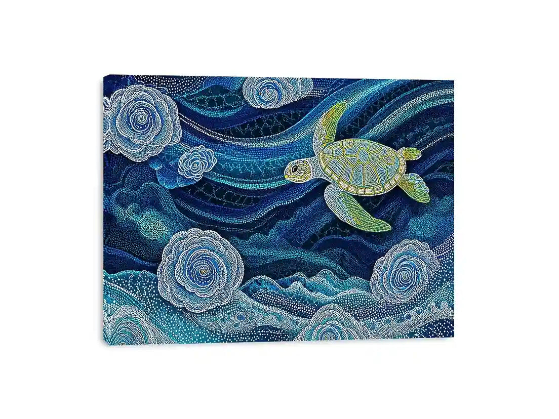 teal ocean turtle Canvas Print, coastal turtle canvas painting, abstract ocean sea life artwork, marine turtle dot painting
