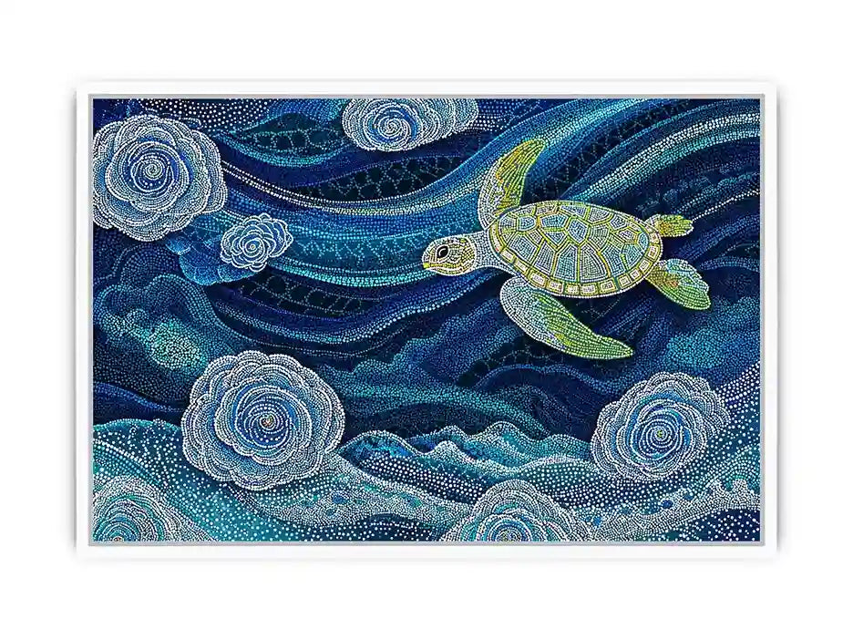 teal ocean turtle Canvas Print, coastal turtle canvas painting, abstract ocean sea life artwork, marine turtle dot painting