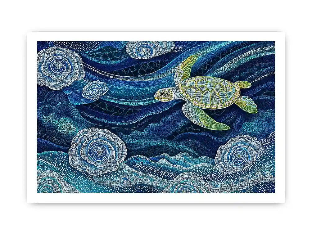 teal ocean turtle wall art, coastal turtle canvas painting, abstract ocean sea life artwork, marine turtle dot painting