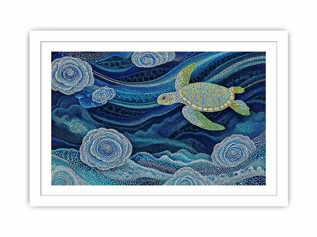 teal ocean turtle Canvas Print, coastal turtle canvas painting, abstract ocean sea life artwork, marine turtle dot painting