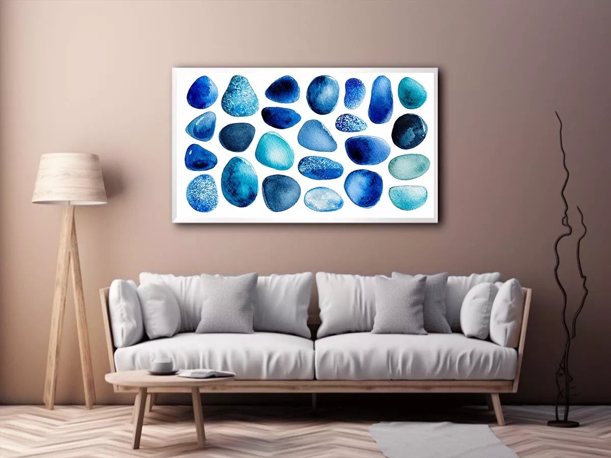 blue watercolor stones wall art, minimalist abstract blue shapes canvas, modern scandinavian watercolor artwork, neutral blue abstract wall decor