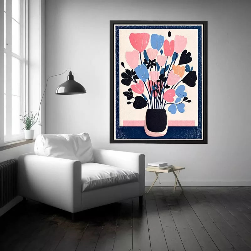 pastel floral vase Canvas Print, minimalist flower illustration canvas, modern scandinavian floral artwork, pink blue flower wall decor