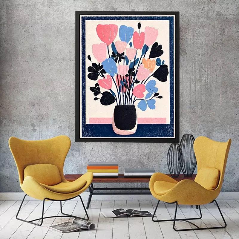 pastel floral vase Canvas Print, minimalist flower illustration canvas, modern scandinavian floral artwork, pink blue flower wall decor
