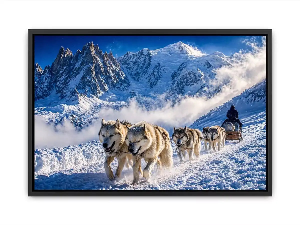husky sled snow mountain Canvas Print, winter dog sled landscape canvas, arctic adventure Canvas Print, snowy mountain husky artwork