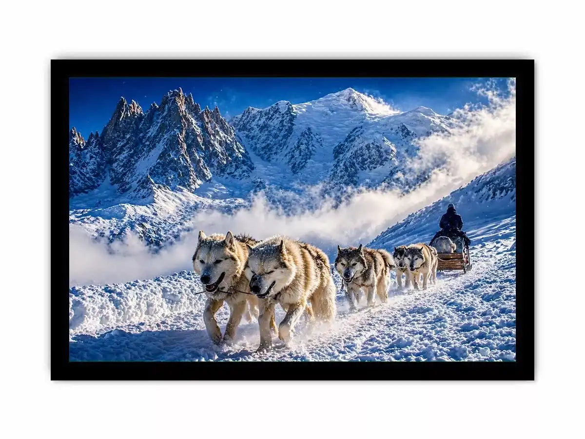 husky sled snow mountain Canvas Print, winter dog sled landscape canvas, arctic adventure Canvas Print, snowy mountain husky artwork
