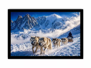 husky sled snow mountain Canvas Print, winter dog sled landscape canvas, arctic adventure Canvas Print, snowy mountain husky artwork