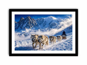 husky sled snow mountain Canvas Print, winter dog sled landscape canvas, arctic adventure Canvas Print, snowy mountain husky artwork