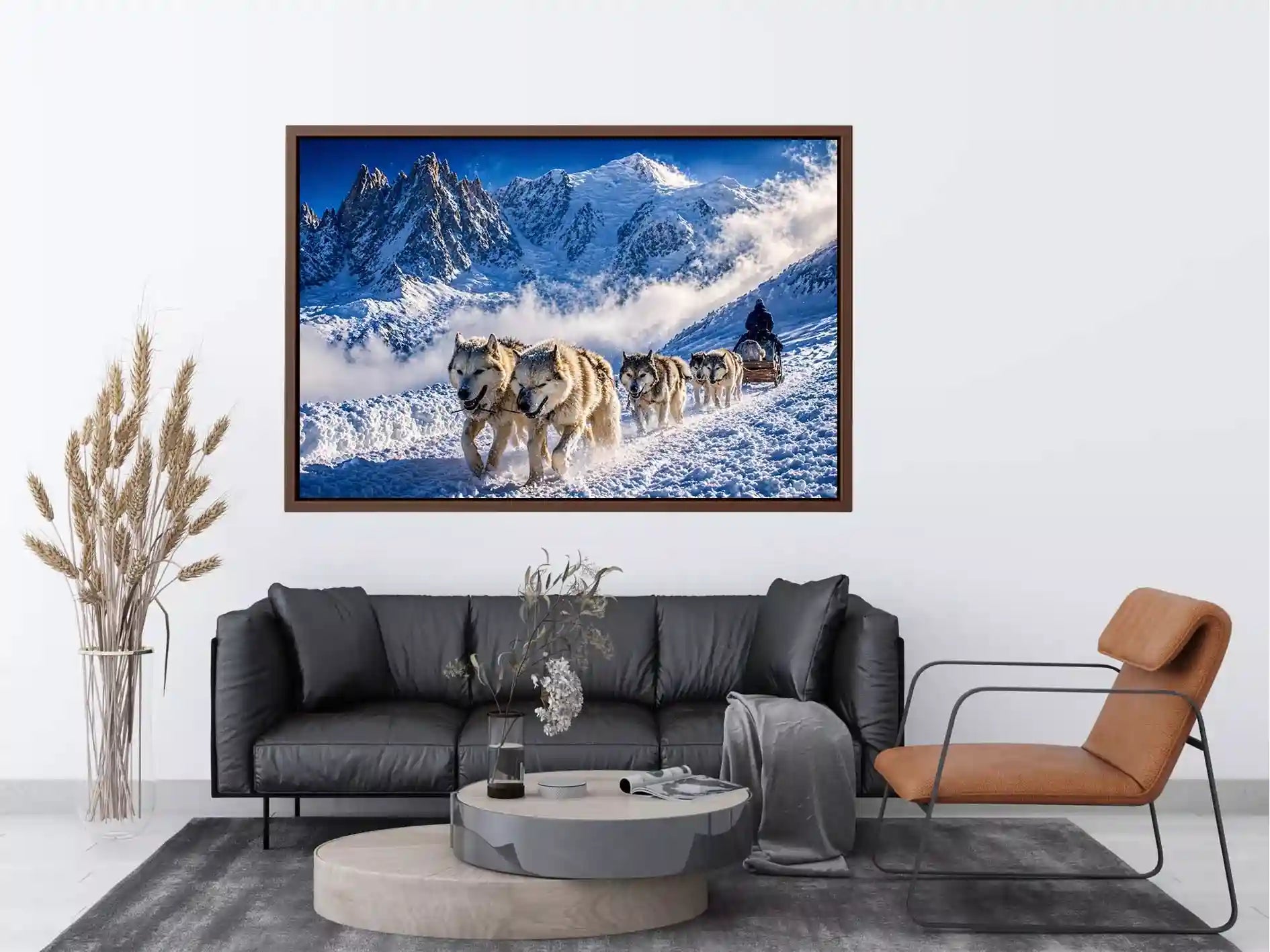 husky sled snow mountain Canvas Print, winter dog sled landscape canvas, arctic adventure Canvas Print, snowy mountain husky artwork