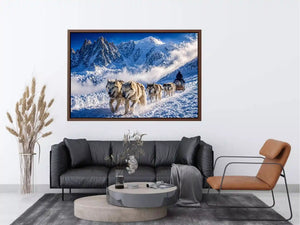 husky sled snow mountain Canvas Print, winter dog sled landscape canvas, arctic adventure Canvas Print, snowy mountain husky artwork