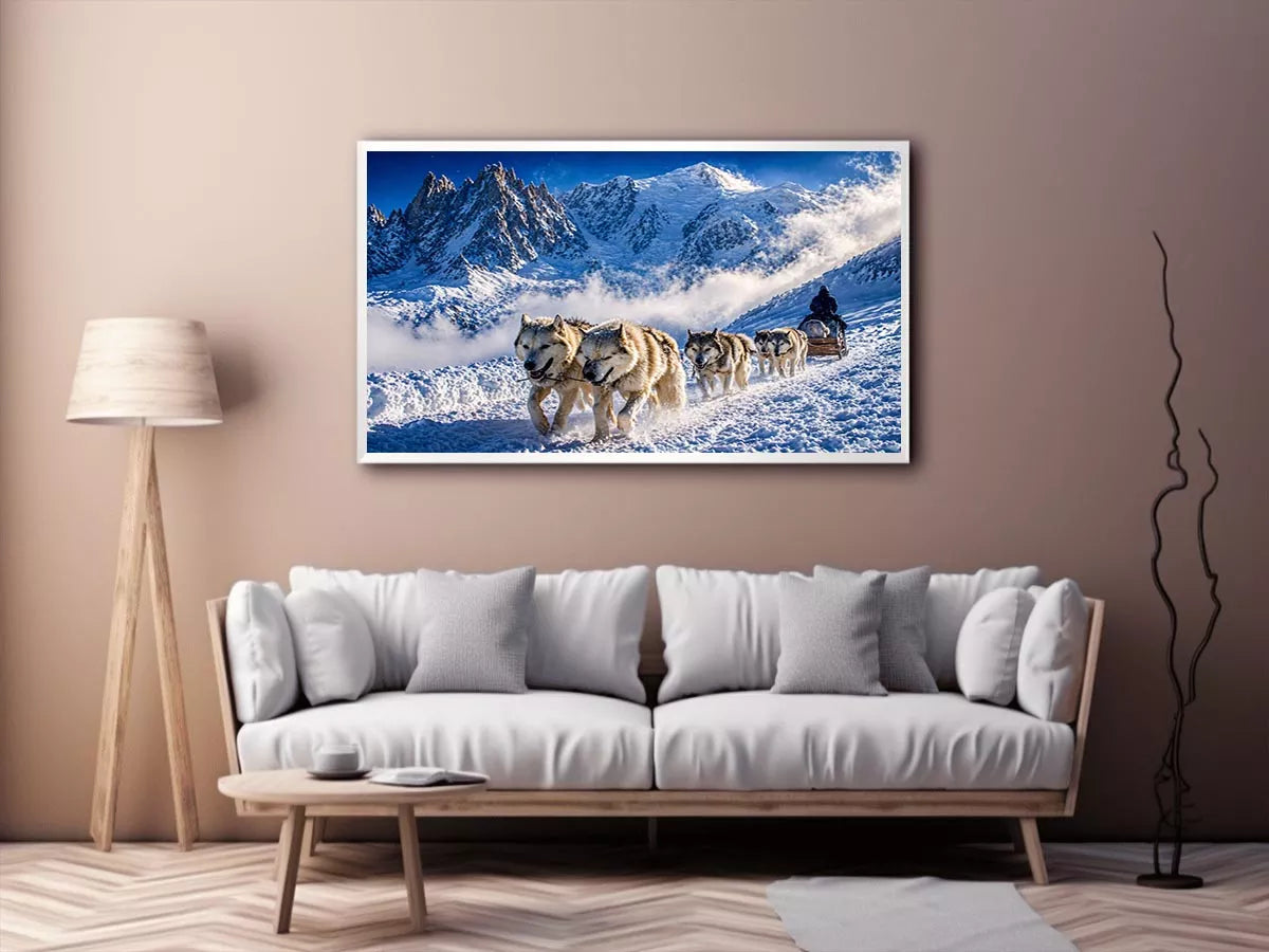 husky sled snow mountain Canvas Print, winter dog sled landscape canvas, arctic adventure Canvas Print, snowy mountain husky artwork