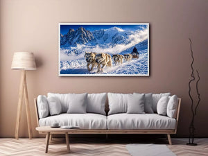husky sled snow mountain Canvas Print, winter dog sled landscape canvas, arctic adventure Canvas Print, snowy mountain husky artwork