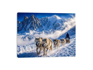 husky sled snow mountain Canvas Print, winter dog sled landscape canvas, arctic adventure Canvas Print, snowy mountain husky artwork