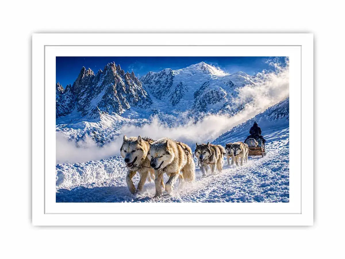husky sled snow mountain Canvas Print, winter dog sled landscape canvas, arctic adventure Canvas Print, snowy mountain husky artwork