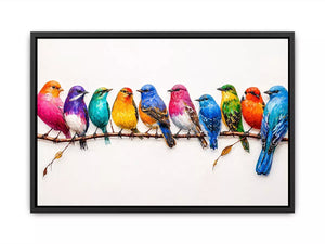 colorful birds on branch Canvas Print, modern bird illustration canvas, vibrant bird lineup artwork, playful multicolor bird painting