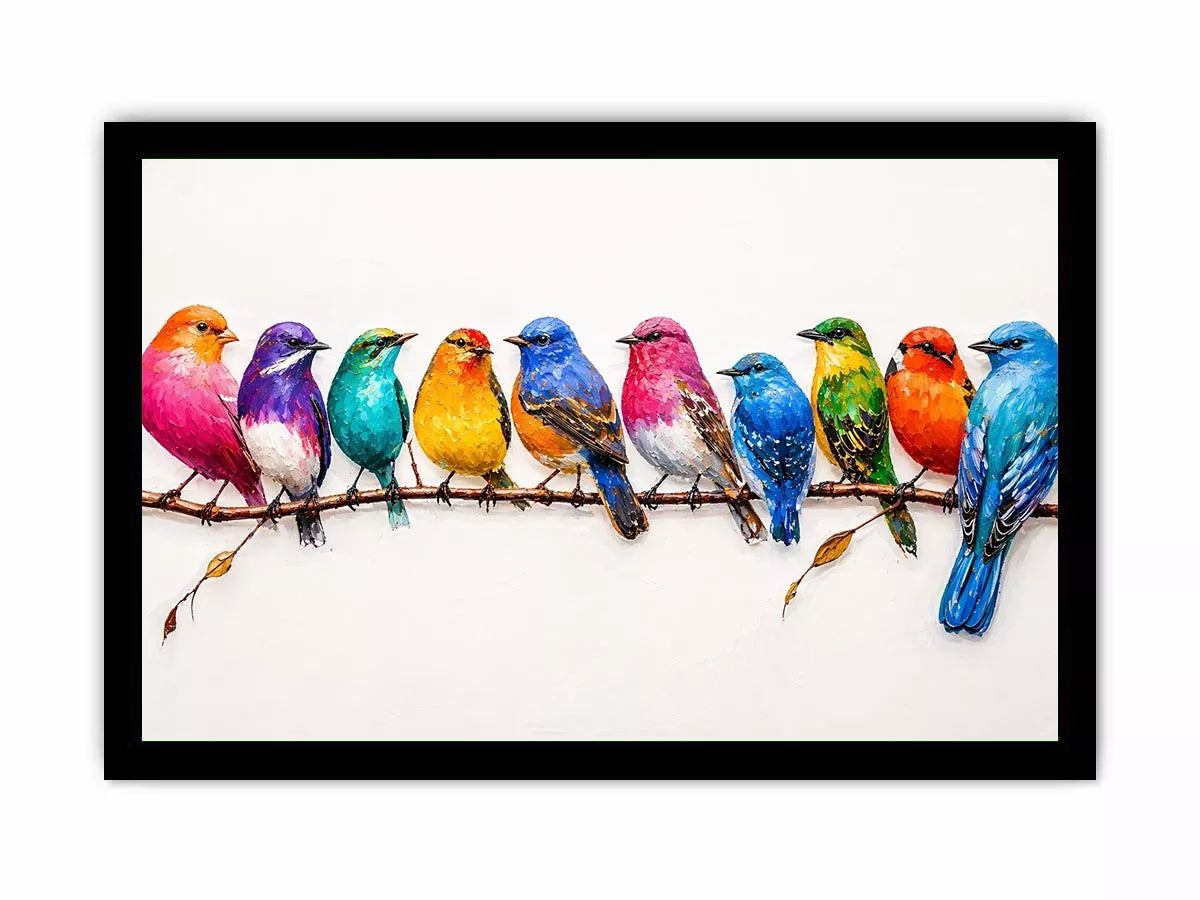 colorful birds on branch Canvas Print, modern bird illustration canvas, vibrant bird lineup artwork, playful multicolor bird painting