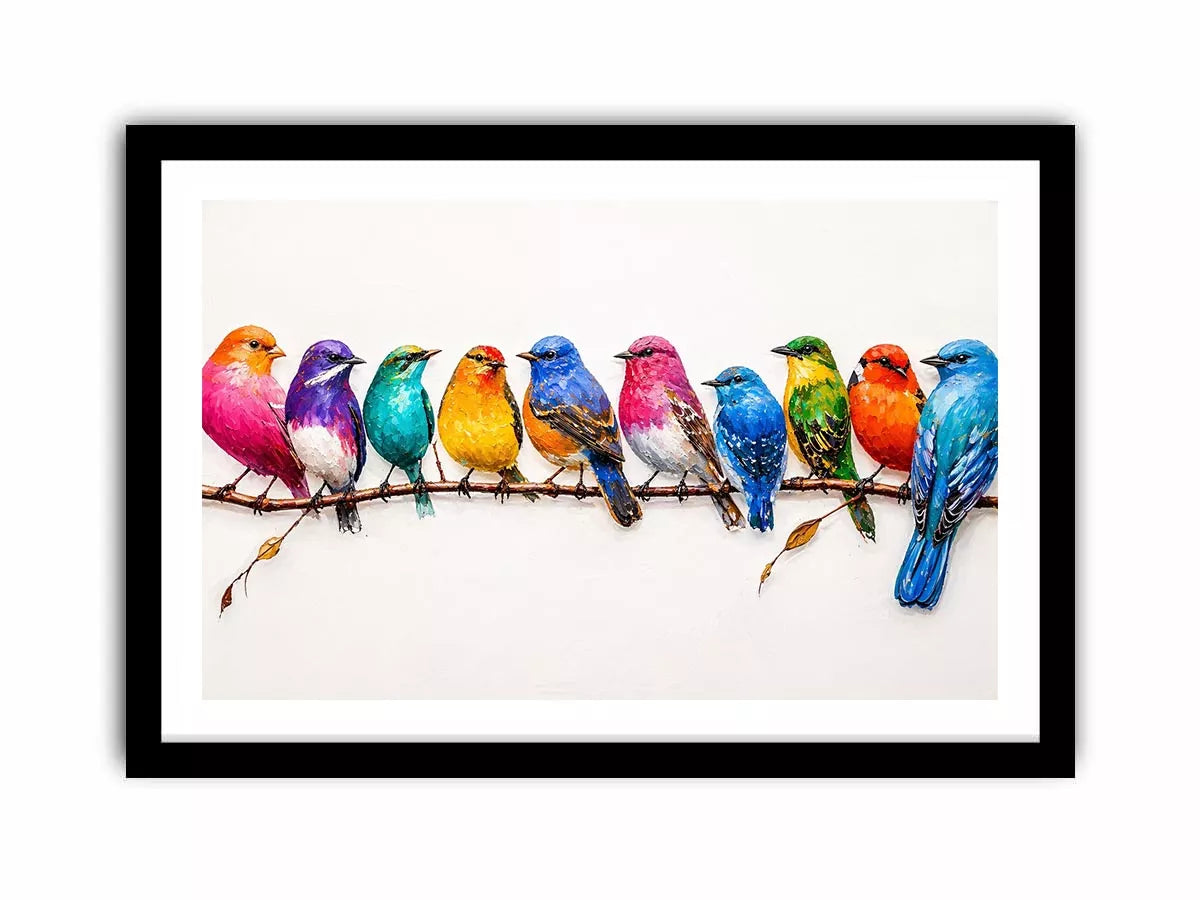 colorful birds on branch Canvas Print, modern bird illustration canvas, vibrant bird lineup artwork, playful multicolor bird painting
