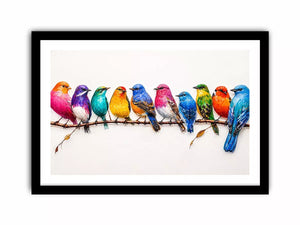 colorful birds on branch Canvas Print, modern bird illustration canvas, vibrant bird lineup artwork, playful multicolor bird painting