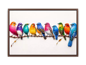 colorful birds on branch Canvas Print, modern bird illustration canvas, vibrant bird lineup artwork, playful multicolor bird painting
