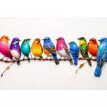 colorful birds on branch Canvas Print, modern bird illustration canvas, vibrant bird lineup artwork, playful multicolor bird painting