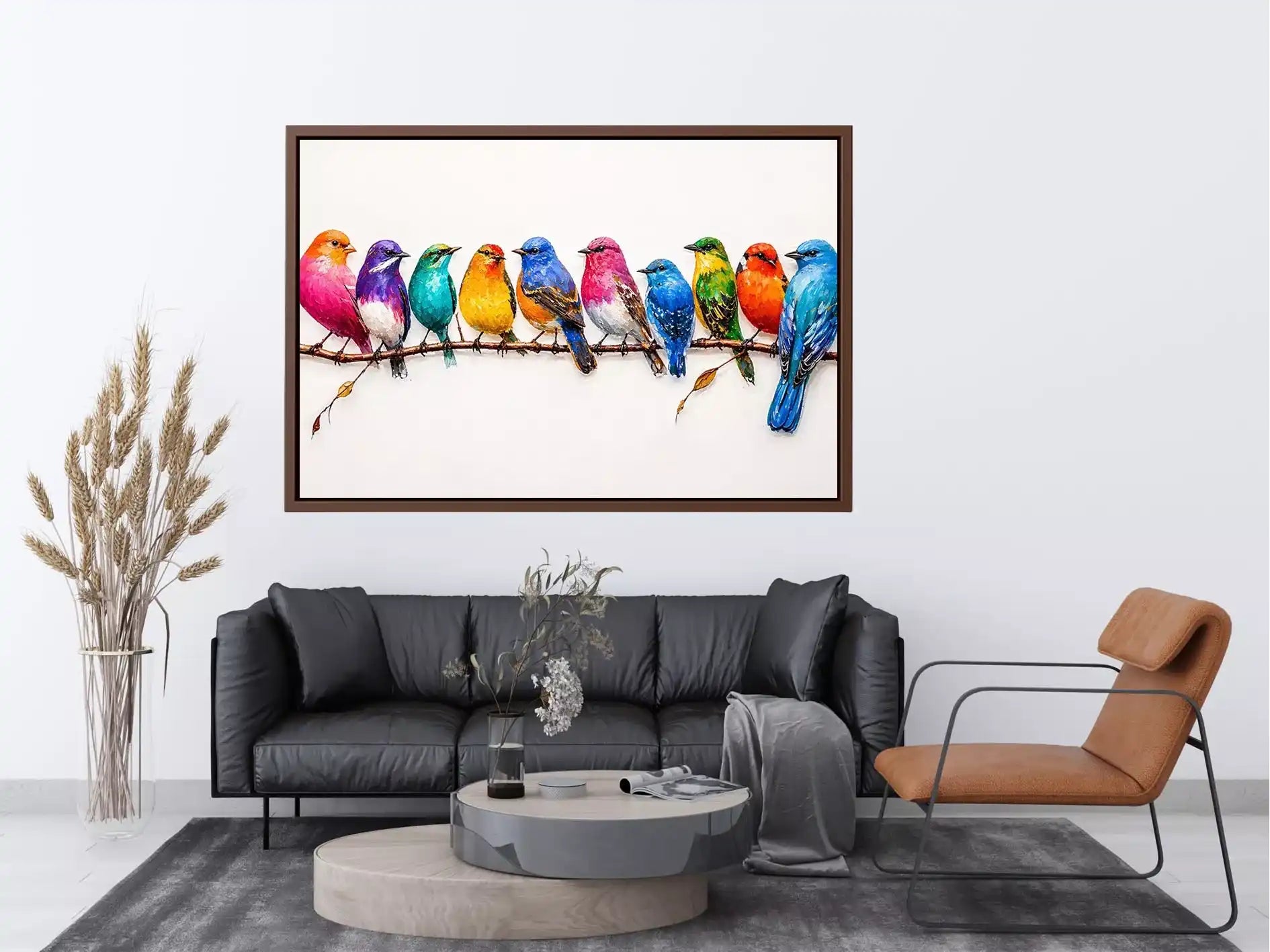colorful birds on branch Canvas Print, modern bird illustration canvas, vibrant bird lineup artwork, playful multicolor bird painting