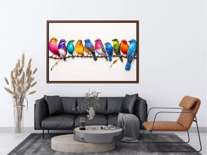 colorful birds on branch Canvas Print, modern bird illustration canvas, vibrant bird lineup artwork, playful multicolor bird painting