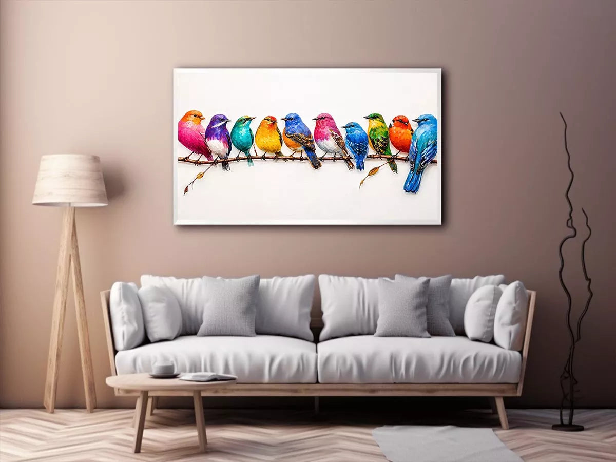 colorful birds on branch Canvas Print, modern bird illustration canvas, vibrant bird lineup artwork, playful multicolor bird painting