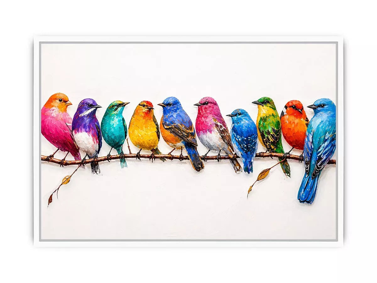 colorful birds on branch Canvas Print, modern bird illustration canvas, vibrant bird lineup artwork, playful multicolor bird painting