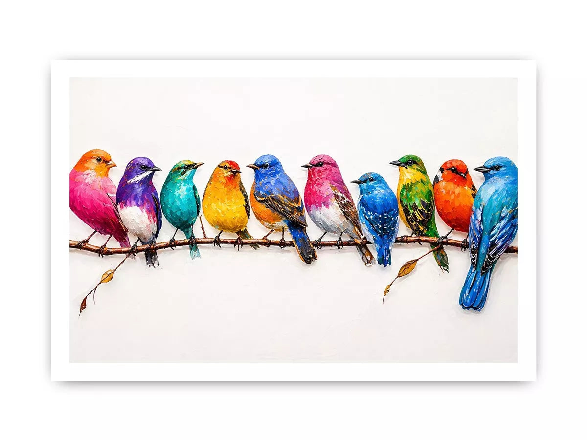 colorful birds on branch Canvas Print, modern bird illustration canvas, vibrant bird lineup artwork, playful multicolor bird painting