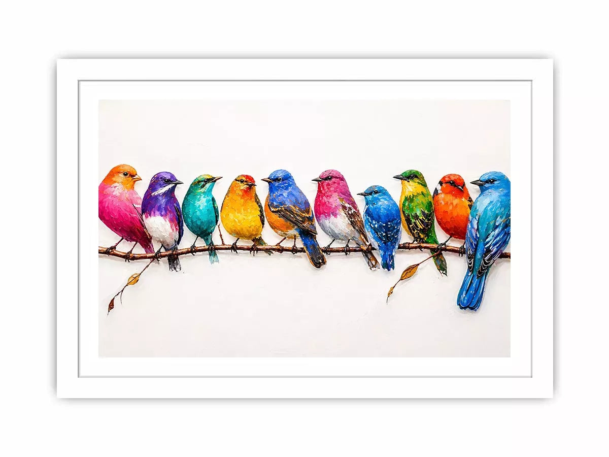 colorful birds on branch Canvas Print, modern bird illustration canvas, vibrant bird lineup artwork, playful multicolor bird painting