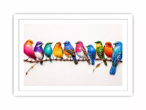 colorful birds on branch Canvas Print, modern bird illustration canvas, vibrant bird lineup artwork, playful multicolor bird painting