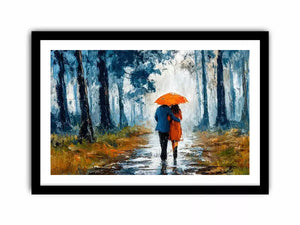 romantic rainy couple Canvas Print, impressionist love painting canvas, rainy forest couple artwork, romantic umbrella painting