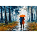 romantic rainy couple Canvas Print, impressionist love painting canvas, rainy forest couple artwork, romantic umbrella painting