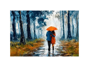 romantic rainy couple Canvas Print, impressionist love painting canvas, rainy forest couple artwork, romantic umbrella painting