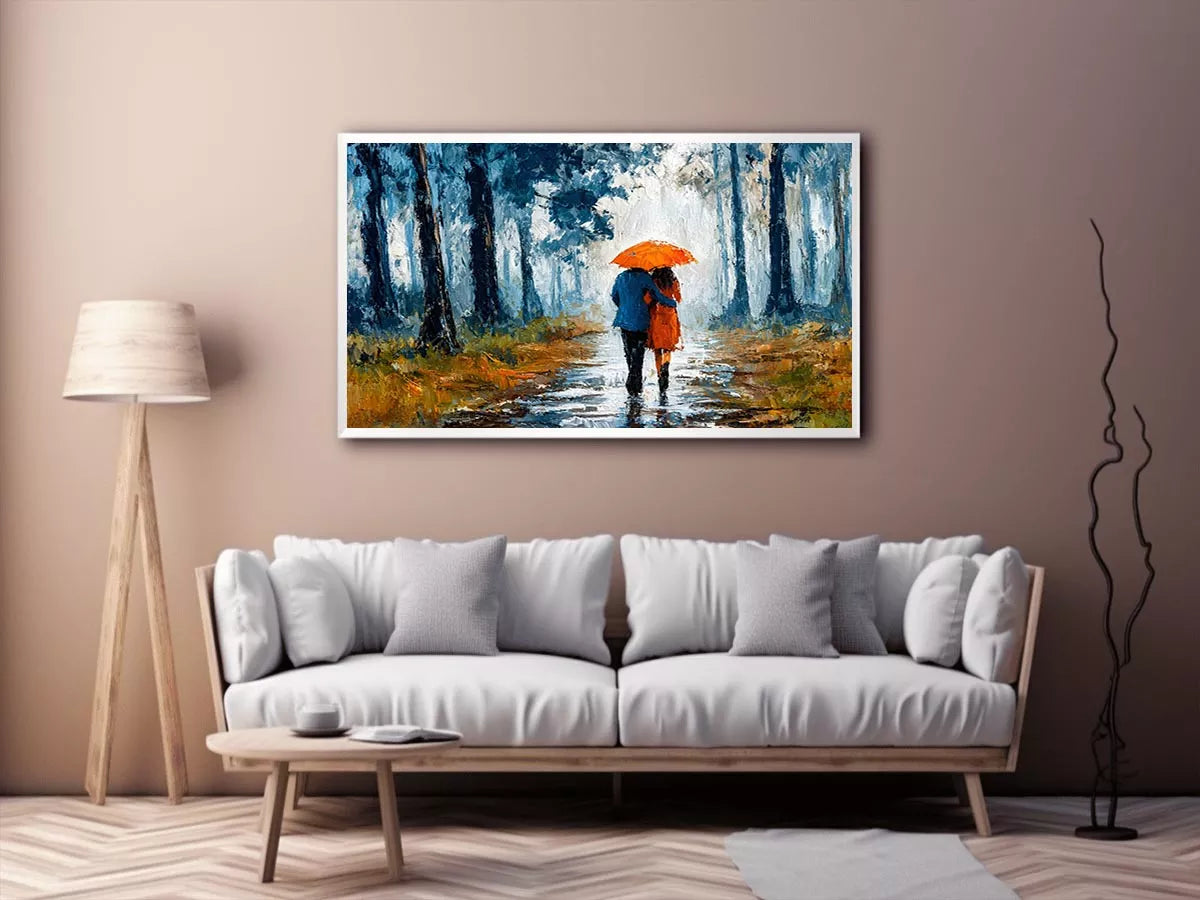 romantic rainy couple Canvas Print, impressionist love painting canvas, rainy forest couple artwork, romantic umbrella painting