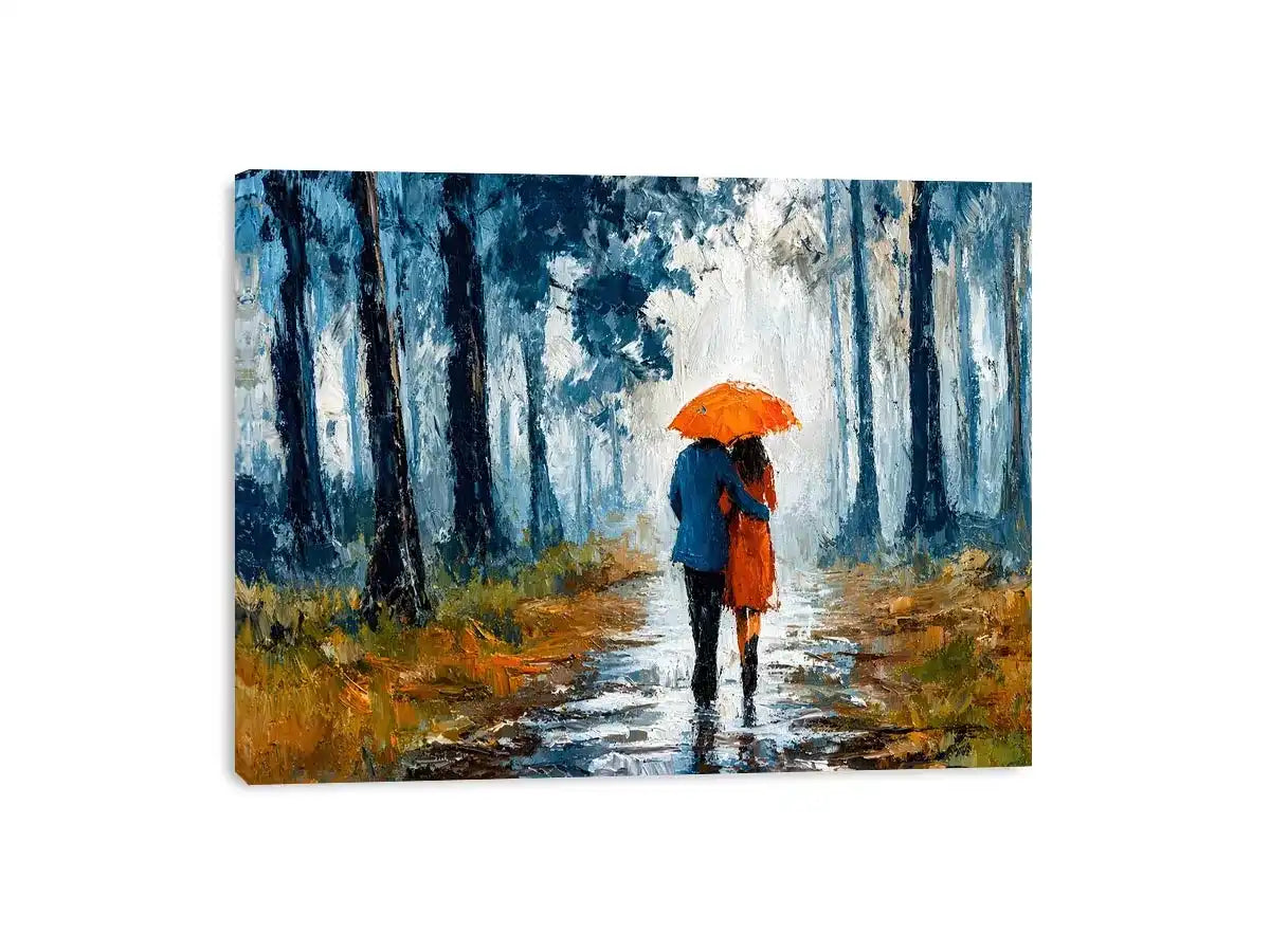 romantic rainy couple Canvas Print, impressionist love painting canvas, rainy forest couple artwork, romantic umbrella painting