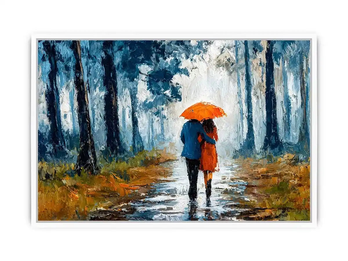 romantic rainy couple Canvas Print, impressionist love painting canvas, rainy forest couple artwork, romantic umbrella painting
