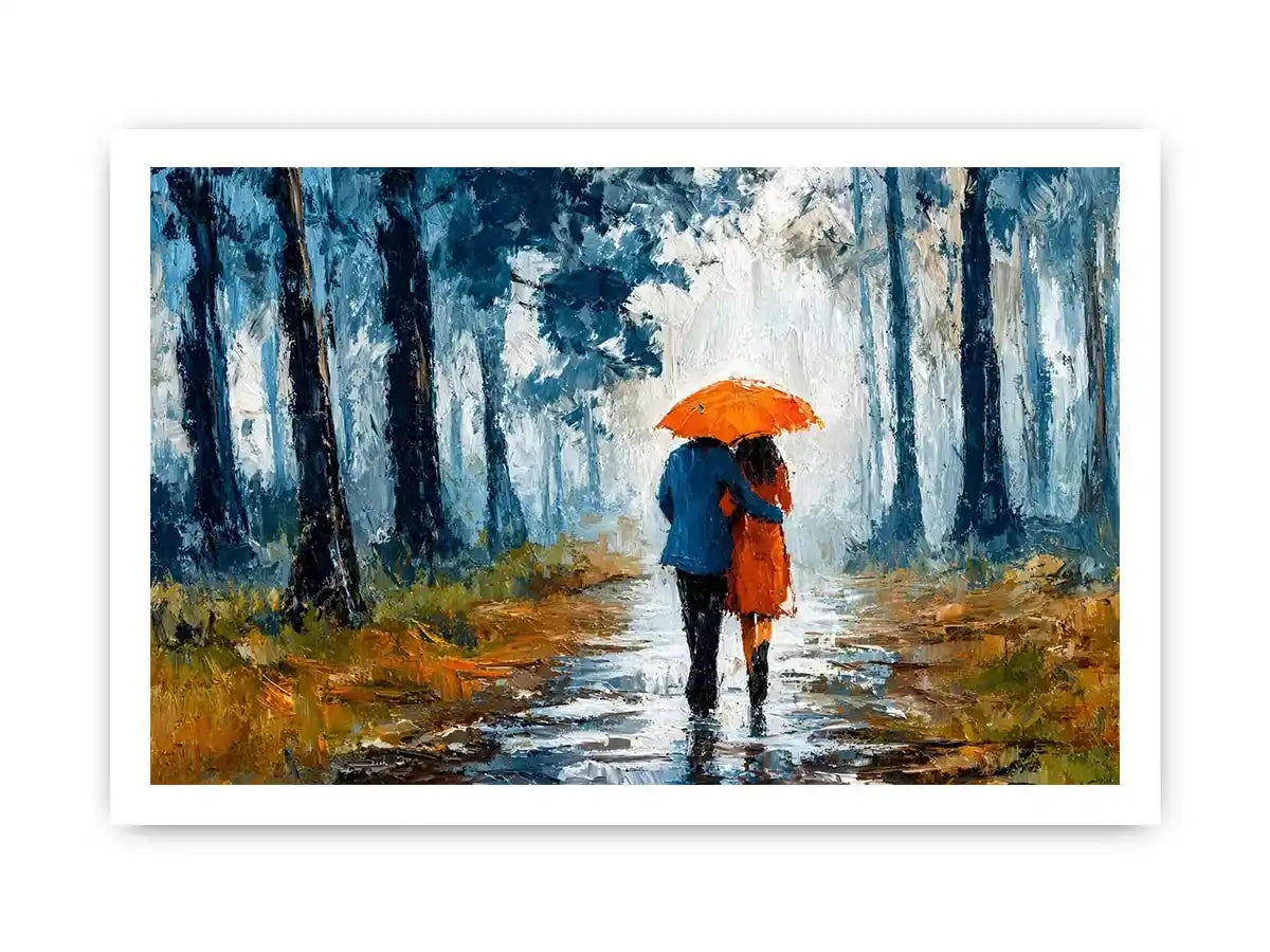 romantic rainy couple Canvas Print, impressionist love painting canvas, rainy forest couple artwork, romantic umbrella painting