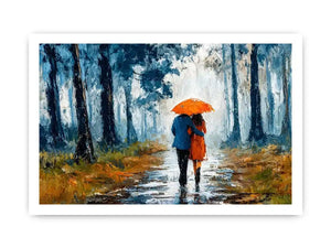 romantic rainy couple Canvas Print, impressionist love painting canvas, rainy forest couple artwork, romantic umbrella painting