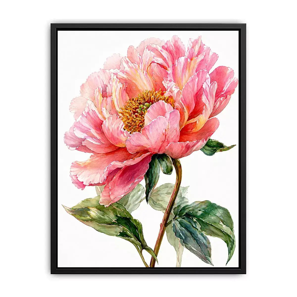 Soft pink peony watercolor botanical illustration with green leaves minimal floral wall art