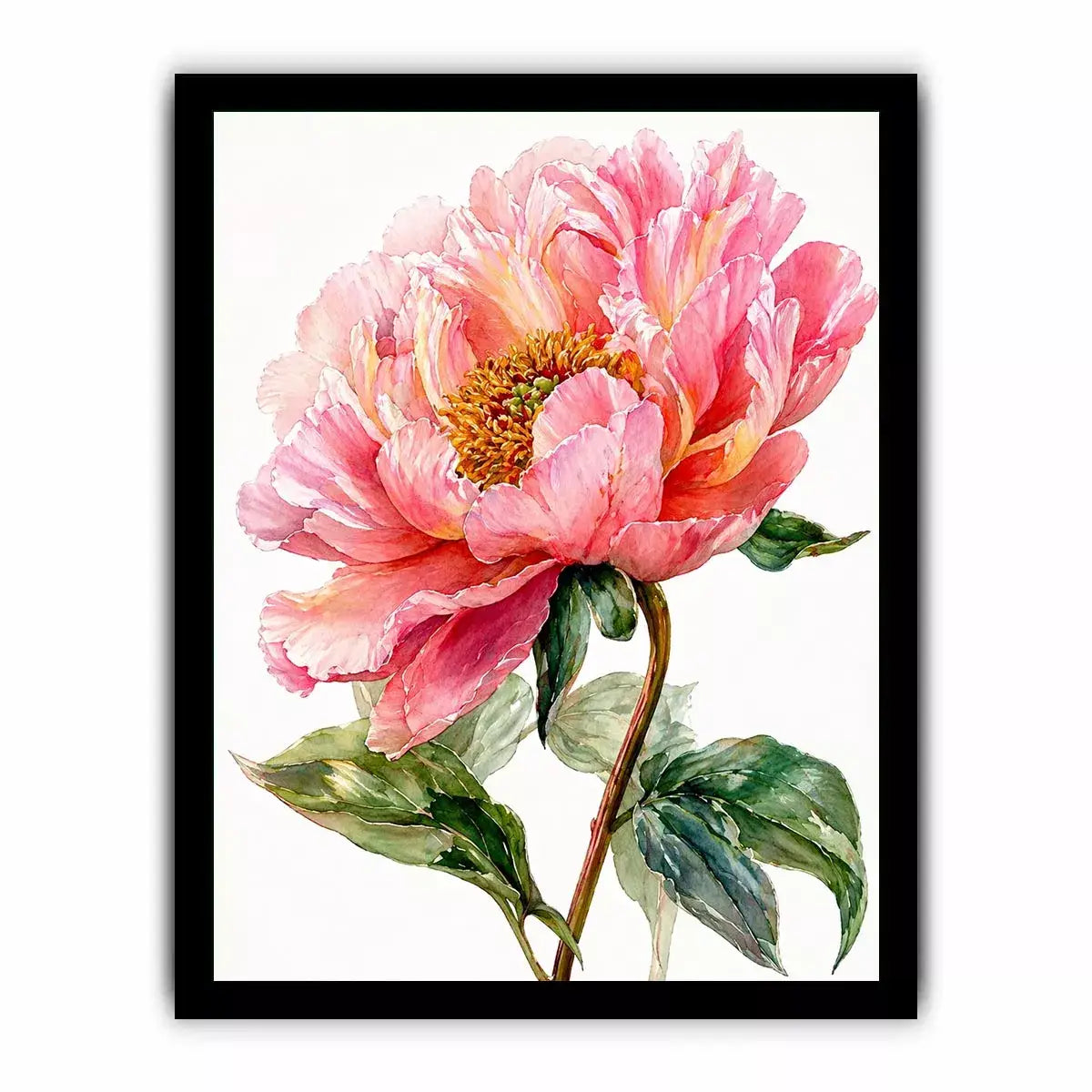 Soft pink peony watercolor botanical illustration with green leaves minimal floral wall art