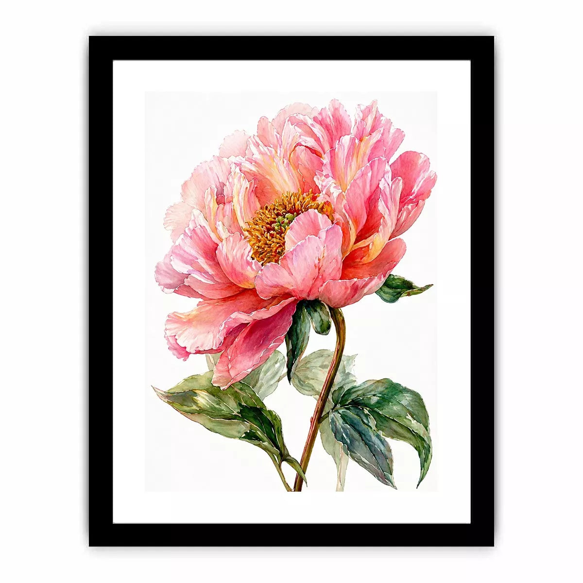 Soft pink peony watercolor botanical illustration with green leaves minimal floral wall art
