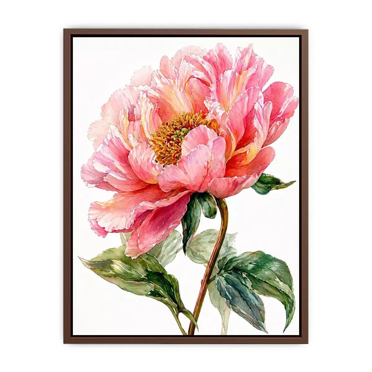 Soft pink peony watercolor botanical illustration with green leaves minimal floral wall art