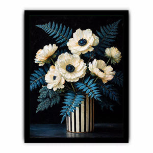 Dark floral still life with white flowers in vase and blue foliage on black background elegant painting